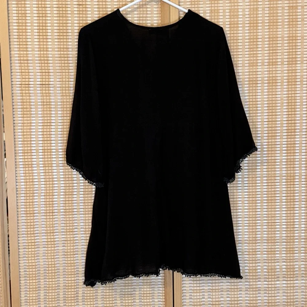 ANANDAS Womens 2X Top Black Crochet 3/4 Sleeve Tie Front Bojo Whimsigoth Witchy - Picture 2 of 5